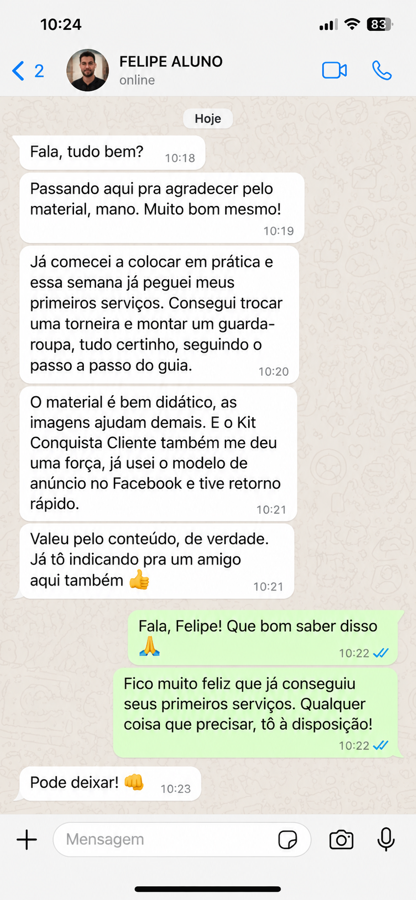 Depoimento de Felipe Aluno no WhatsApp