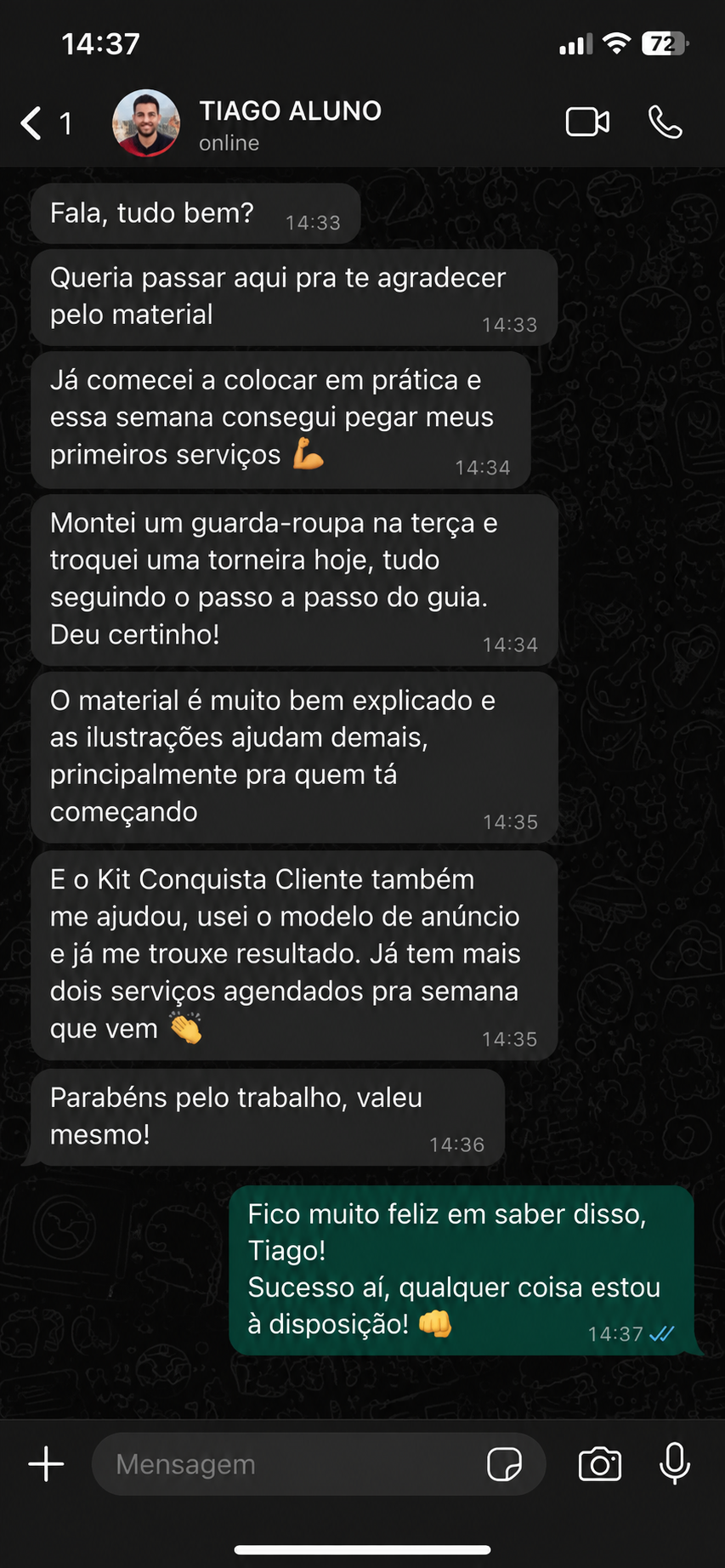 Depoimento de Tiago Aluno no WhatsApp